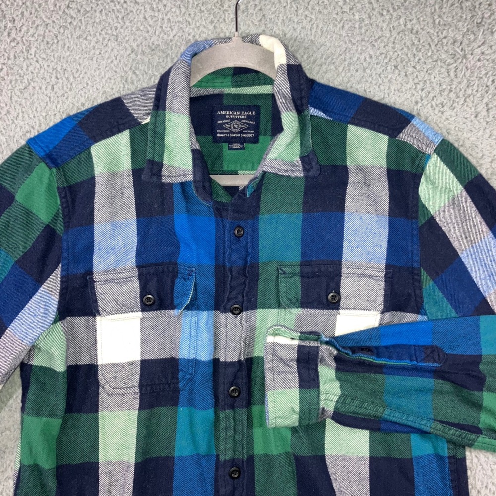 American Eagle Outfitters Flannel Shirt Men Medium Blue Plaid‎ 100% Cotton